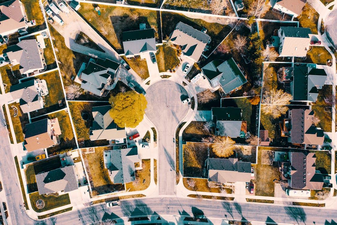 An aerial shot of a neighborhood