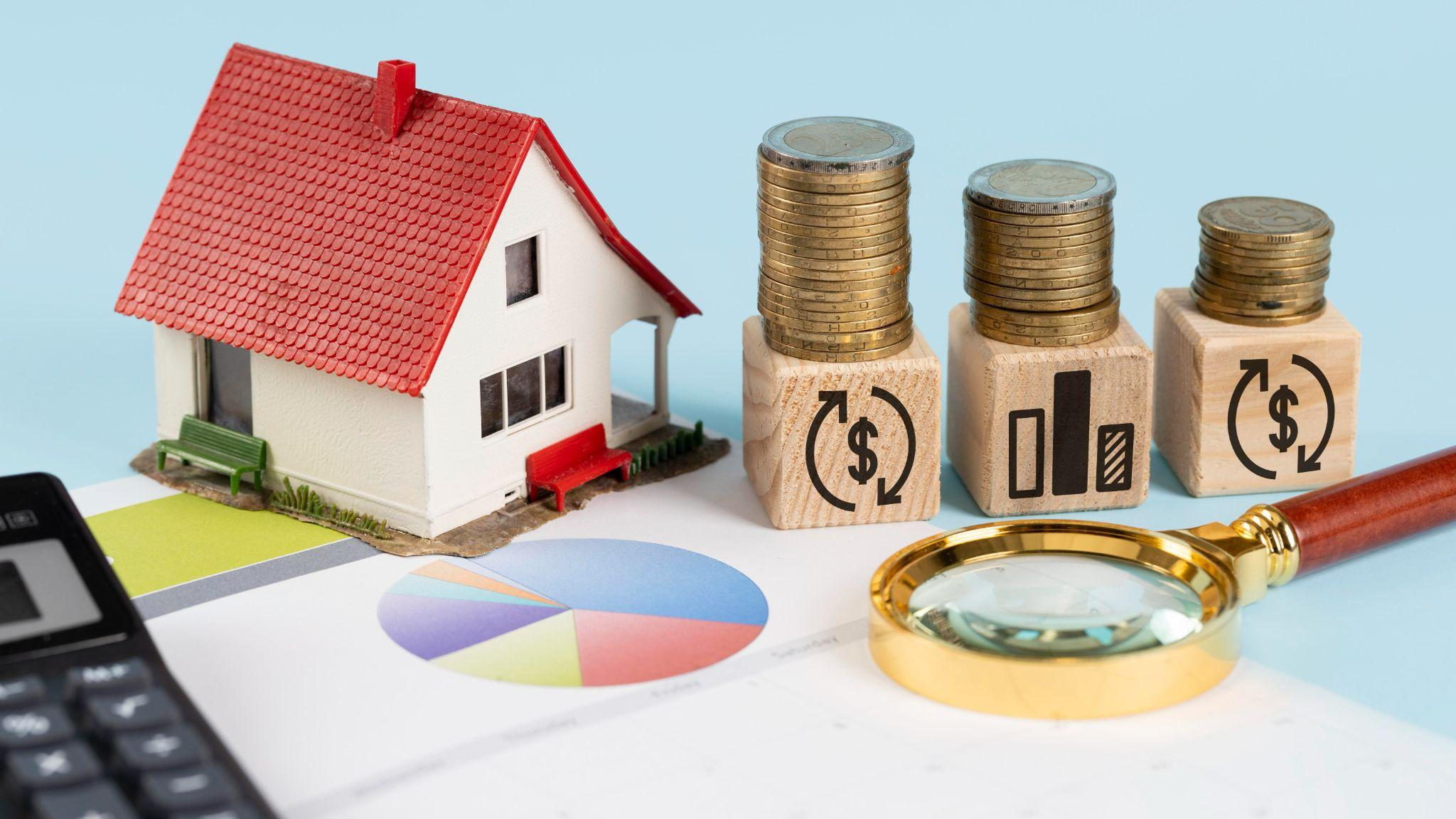 A miniature house with a magnifying glass and blocks featuring money symbols