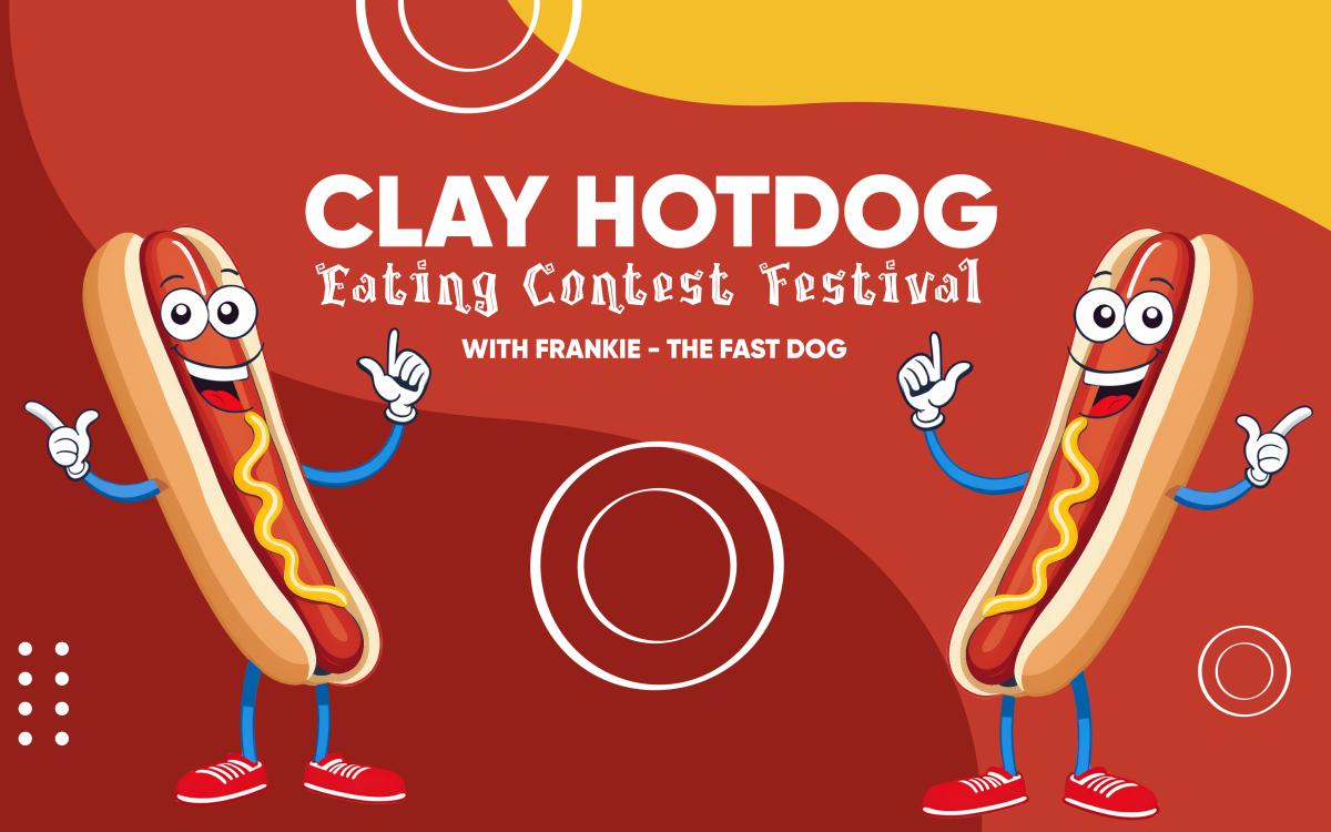 Promotional banner for the Clay County Hot Dog Eating Contest Festival featuring mascot Frankie the Fast Dog