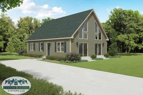 Image of a green-themed, custom modular house surrounded by trees.