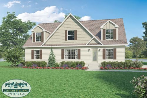 Image of a beige custom modular house with a lush green front yard and bushes surrounding the house’s exterior.