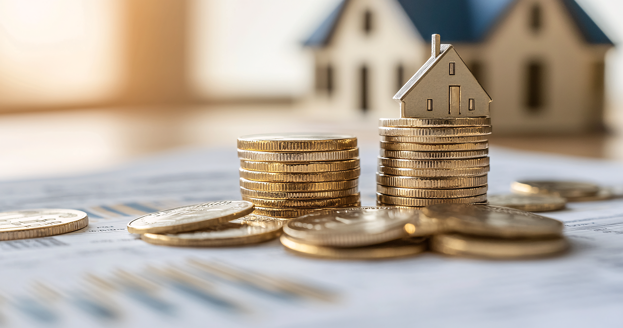 Stacks of coins topped with a small house model symbolize savings, investment, or home financing.